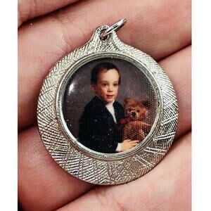 Photo Charm Pendant Silver Toned Picture Frame Vintage Boy w/ Bear 60s 80s Old